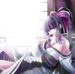  1girl black_hair breasts cleavage eating japanese_clothes kimono large_breasts lying ponytail q-gaku solo violet_eyes 