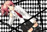  1girl brown_eyes checkered checkered_background formal izumi_makoto necktie original pink_hair ringlets skirt solo striped striped_legwear thigh-highs 