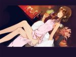  1girl alcohol bare_shoulders blush brown_eyes brown_hair china_dress chinese_clothes copyright_request cup dress dutch_angle legs legs_crossed letterboxed long_legs no_panties ooyari_ashito side_slit sitting skinny solo thighs wine wine_glass 