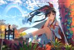 1girl bird black_hair blue_sky bow brown_eyes brown_shoes closed_mouth clouds cloudy_sky day detached_sleeves eho_(icbm) floating_hair floating_island hair_bow hakurei_reimu highres long_hair looking_at_viewer outdoors rainbow red_bow red_skirt ribbon-trimmed_sleeves ribbon_trim shoes skirt skirt_set sky smile socks solo torii touhou vest white_legwear wide_sleeves wind 