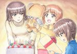  3girls bandage black_eyes black_hair boko_(girls_und_panzer) brown_eyes brown_hair cake candlelight christmas christmas_cake commentary family food girls_und_panzer happy long_hair looking_at_another looking_to_the_side mother_and_daughter multiple_girls nishizumi_maho nishizumi_miho nishizumi_shiho omachi_(slabco) open_mouth plate short_hair smile stuffed_animal stuffed_toy sweater teddy_bear traditional_media watercolor_(medium) younger 