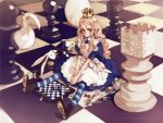  alice_(wonderland) alice_in_wonderland blonde_hair blue_eyes board_game boots card chess crown dice egg fork game hourglass knife living_piece lying_card ooyari_ashito original pocket_watch queen spoon striped striped_legwear tea thigh-highs watch white_rabbit 