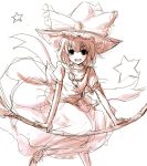  1girl broom broom_riding female kirisame_marisa mishima_hiroji monochrome pink sketch solo star touhou 