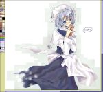  1girl apron blue_eyes dress eyebrows female hat honokan interlocked_fingers letty_whiterock long_sleeves oekaki short_hair silver_hair simple_background solo standing touhou 