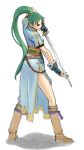  1girl boots female fingerless_gloves fire_emblem fire_emblem:_rekka_no_ken gloves green_eyes green_hair katana long_hair lyndis_(fire_emblem) pelvic_curtain ponytail side_slit solo sword very_long_hair weapon 