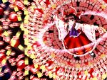  1girl asayuba attack black_hair bow danmaku detached_sleeves dress female flower gohei hair_bow hair_tubes hakurei_reimu long_hair mary_janes ofuda phantasmagoria_of_flower_view red shoes solo spell_card touhou 