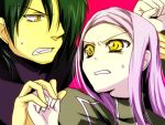  1boy 1girl allelujah_haptism clenched_teeth elf green_hair gundam gundam_00 hallelujah_haptism hand_holding hio_(artist) long_hair long_sleeves lowres pink_background pink_hair pointy_ears scared simple_background soma_peries sweatdrop teeth upper_body very_long_hair yellow_eyes 