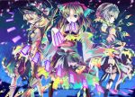  3girls apron ascot between_fingers blue_eyes bow braid broom cis_(carcharias) collaboration colorful danmaku detached_sleeves female floating floating_hair full_body gohei grey_hair hair_bow hakurei_reimu hat izayoi_sakuya kirisame_marisa kneehighs long_hair louise_francoise_le_blanc_de_la_valliere maid maid_apron maid_headdress mouth_hold multiple_girls night ofuda petals profile red_eyes serious sky tadano_kagekichi torn_clothes touhou witch_hat yellow_eyes 