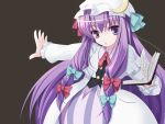  1girl book bow brown_background female hair_bow hat long_hair outstretched_arm outstretched_hand patchouli_knowledge purple_hair solo touhou triangle_mouth violet_eyes wapokichi 