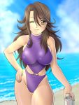  1girl alcohol beach beer breasts can casual_one-piece_swimsuit gundam gundam_00 hall hand_on_hip haru_(hall) highleg highleg_swimsuit hips ocean one-piece_swimsuit outdoors sky smile solo sumeragi_lee_noriega swimsuit wink 
