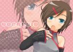 1girl alternate_costume arm_warmers bangs blue_eyes copyright_name hair_ornament hairclip meiko music nail_polish open_mouth parted_bangs pink_background polka_dot polka_dot_background red_nails singing sleeveless solo tamura_hiro upper_body vocaloid zoom_layer 