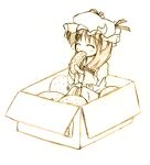  1girl box bread brown cardboard_box female food fruit holding holding_fruit in_box in_container lowres mandarin_orange minigirl monochrome patchouli_knowledge solo touhou 