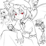  (9) 6+girls bat_wings cirno female hat hong_meiling izayoi_sakuya lowres maid monochrome moriya_suwako multiple_girls patchouli_knowledge red_eyes remilia_scarlet rumia sakumo sakumo_(karatama) spot_color touhou wings youkai 遶ｭ・ｨ 