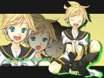  1boy :d closed_eyes full_body indian_style kagamine_len letterboxed looking_at_viewer male_focus momo-iro multiple_views neckerchief open_mouth sailor_collar school_uniform serafuku setins shirt short_sleeves shorts sitting smile spread_legs vocaloid white_shirt 