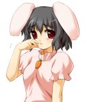  1girl :o animal_ears black_hair blush carrot_necklace dress female inaba_tewi looking_at_viewer maroppe parted_lips pink_dress puffy_short_sleeves puffy_sleeves rabbit_ears red_eyes rubbing_eyes short_sleeves simple_background solo tears touhou white_background 