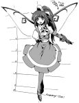 1girl arm_behind_back bow daiyousei dress female gloves hair_bow long_hair monochrome neck_ribbon outstretched_arm pantyhose ponytail ribbon smile solo the_embodiment_of_scarlet_devil touhou wi-z_garage wings 
