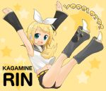  1girl :d arm_warmers armpits arms_up bangs belt black_shorts blonde_hair blouse blue_eyes blush bow character_name copyright_name detached_sleeves falling full_body hair_bow hair_ornament hairclip headphones headset kagamine_rin leg_warmers looking_at_viewer microphone navel open_mouth ribbon sailor_collar short_hair shorts sleeveless smile solo star starry_background swept_bangs tamura_hiro vocaloid white_blouse white_bow yellow yellow_background yellow_ribbon 