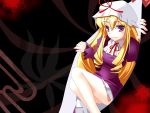  1girl bangs blonde_hair closed_mouth dress eyebrows eyebrows_visible_through_hair female frilled_dress frills gap hat hat_ribbon long_hair long_sleeves looking_at_viewer mob_cap puffy_long_sleeves puffy_sleeves red_ribbon ribbon solo touhou very_long_hair violet_eyes wapokichi yakumo_yukari 