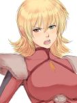  1girl banpresto blonde_hair blush breasts fumio_(rsqkr) green_eyes heterochromia katina_tarask large_breasts pilot_suit red_eyes solo super_robot_wars super_robot_wars_original_generation 