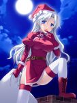  1girl bad_id belt blue_eyes boots china_dress chinese_clothes christmas dress fujimiya_yuu full_moon gloves hat long_hair moon night original red_gloves sack santa_costume santa_hat silver_hair solo thigh-highs white_hair 