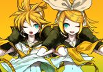  1boy 1girl brother_and_sister hands_on_headphones headphones headset kagamine_len kagamine_rin kimimari kimimaru microphone one_eye_closed siblings twins vocaloid wink 