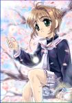  1girl 90s card_captor_sakura cherry_blossoms child in_tree kinomoto_sakura kodansha mutsuki_(moonknives) oekaki school_uniform serafuku sitting sitting_in_tree solo tree 