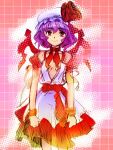  1girl alternate_costume bare_shoulders closed_mouth dress eyebrows eyebrows_visible_through_hair female hat hat_ribbon kanawo looking_at_viewer mob_cap purple_hair red_eyes red_ribbon remilia_scarlet ribbon sash short_hair smile solo standing touhou white_dress wings 