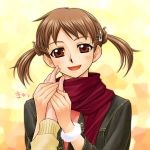  00s 1girl :d blush brown_hair fukuzawa_yumi hair_ornament hairclip hand_holding looking_at_viewer mami_akira maria-sama_ga_miteru open_mouth pov red_eyes red_scarf scarf smile solo_focus twintails upper_body 