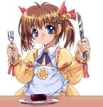  1girl apron bell blue_eyes blush_stickers brown_hair flower food fork hair_bell hair_ornament hairclip knife mutsuki_(moonknives) plate short_twintails simple_background solo source_request sunflower table twintails uirou uirou_(food) wagashi 