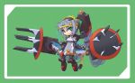  1girl chibi claw_(weapon) full_body green_background green_eyes huge_weapon looking_at_viewer machinery mecha_musume mof original simple_background solo standing weapon 