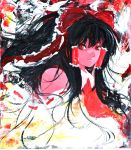 1girl bare_shoulders black_hair bow collar detached_sleeves expressionless female hair_bow hair_tubes hakurei_reimu long_sleeves looking_at_viewer red_bow red_eyes red_skin sidelocks solo tomasu touhou tsurukame upper_body vest 