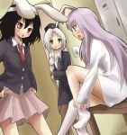  3girls animal_ears brown_legwear cosplay female inaba_tewi kiji_(manekinuko-tei) locker_room multiple_girls object_on_head panties panties_on_head pantyhose rabbit_ears reisen_udongein_inaba reisen_udongein_inaba_(cosplay) thigh-highs touhou underwear undressing white_legwear yagokoro_eirin 