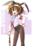  animal_ears armband baseball_bat brown_eyes brown_hair bunnysuit hairband katahira_masashi pantyhose rabbit_ears short_hair suzumiya_haruhi suzumiya_haruhi_no_yuuutsu 