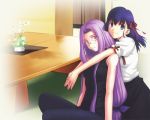  2girls fate/stay_night fate_(series) glasses hug hug_from_behind long_hair low-tied_long_hair matou_sakura multiple_girls pink_eyes purple_hair rider takeuchi_takashi tied_hair very_long_hair violet_eyes 