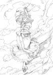  1girl clog_sandals dancing fan female folding_fan ghost hat hitodama japanese_clothes kimono kiriu monochrome saigyouji_yuyuko short_hair sketch smoke solo touhou 