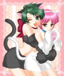  2girls animal_ears aya_kobayashi banpresto cat_ears cosplay green_eyes green_hair kuro_(srw) mai_kobayashi midriff multiple_girls one_eye_closed pink_hair shiro_(srw) super_robot_wars super_robot_wars_original_generation super_robot_wars_the_lord_of_elemental tail violet_eyes wink 