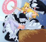  1girl :d amayu blonde_hair bow braid broom broom_riding brown_eyes dress female hair_bow hand_on_headwear hat hat_removed headwear_removed holding holding_hat kirisame_marisa long_hair magic_circle no_panties open_mouth pointing side_braid sidesaddle smile solo thigh-highs touhou witch witch_hat 