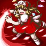  1girl ascot blonde_hair fang female flandre_scarlet fukaiton full_body hat hat_ribbon lowres mob_cap open_mouth puffy_short_sleeves puffy_sleeves red_eyes red_ribbon red_skirt ribbon shoes short_sleeves side_ponytail skirt solo touhou wings 