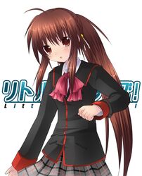  1girl 6u_(eternal_land) :o ahoge blazer blush bow bowtie brown_eyes brown_hair grey_skirt jacket kiyu little_busters!! long_sleeves looking_at_viewer natsume_rin parted_lips pink_bow plaid plaid_skirt pleated_skirt red_bow red_bowtie simple_background skirt solo white_background 