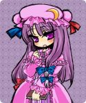  1girl :o bangs blush book bow chibi crescent dress embarrassed female flat_chest frills hair_bow hat lolita_fashion long_hair looking_at_viewer lowres mame. open_mouth patchouli_knowledge purple_hair solo striped touhou violet_eyes 