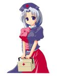  1girl akase_rai blue_eyes blue_skirt braid breasts female first_aid first_aid_kit hat looking_at_viewer nurse_cap puffy_short_sleeves puffy_sleeves red_skirt short_sleeves simple_background single_braid skirt solo standing touhou white_background white_hair yagokoro_eirin 