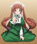 00s 1girl blush brown_hair dress drill_hair frills green_eyes hat heterochromia long_hair long_sleeves looking_at_viewer maroppe open_mouth red_eyes ribbon rozen_maiden shoes sitting solo suiseiseki twin_drills twintails very_long_hair 