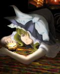  1girl black_dress blonde_hair bow dress female glowing hat hat_bow indoors kirisame_marisa lantern lowres lying magic on_stomach poking puffy_short_sleeves puffy_sleeves short_hair short_sleeves solo touhou upper_body wavy_hair white_bow witch_hat wooden_floor 