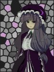 1girl bangs black_bow black_bowtie blunt_bangs bow bowtie dress expressionless female grey_eyes hat long_hair long_sleeves looking_at_viewer low-tied_long_hair mob_cap patchouli_knowledge purple_dress saishou solo stained_glass tied_hair touhou 