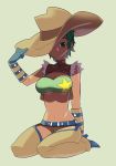  1girl :/ bare_shoulders breasts chaps cleavage cleavage_cutout cowboy_hat crop_top cropped_jacket full_body gloves green_background green_eyes green_hair hand_on_headwear hat high_heels kneeling large_breasts looking_at_viewer midriff navel nekonoji original phantasy_star phantasy_star_universe seiza shoes short_hair short_shorts shorts simple_background sitting sleeveless solo star strapless tensugi_takashi torn_clothes torn_sleeves tubetop vambraces western 