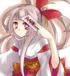  1girl blush bow expressionless hair_bow holding japanese_clothes kazuha_souju long_hair long_sleeves looking_at_viewer miko ofuda red_bow red_eyes simple_background solo tareme white_background wide_sleeves 