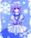  1girl blue_background blue_eyes blue_skirt female hat kanawo lavender_hair letty_whiterock long_sleeves looking_at_viewer outstretched_arms reaching_out short_hair simple_background skirt snow snowflakes solo touhou 