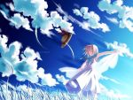 00s 1girl closed_eyes dress duplicate hat hat_removed headwear_removed outstretched_arms smile solo spread_arms straw_hat tsukishiro_hikari wallpaper wind wind_a_breath_of_heart yuuki_tatsuya 