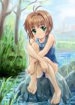  1girl 90s barefoot blush card_captor_sakura child feet feet_in_water highres kinomoto_sakura kodansha mutsuki_(moonknives) nature one-piece_swimsuit outdoors school_swimsuit smile soaking_feet solo swimsuit toes water 