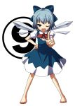  (9) 1girl barefoot bow cirno feet female foreshortening hands mishima_hiroji one_eye_closed phantasmagoria_of_flower_view pointing solo touhou wink 